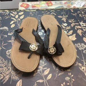 kate spade Black Bow Thong Sandals with Gold Medallion